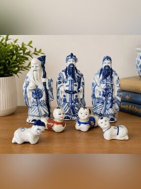 Vintage Blue White Chinoiserie Fu Lu Shou Figurines & Baby Chopstick Rests Set